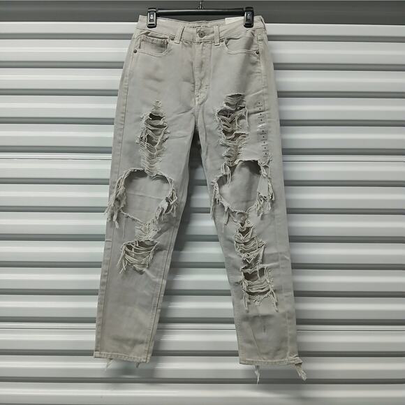 American Eagle Mom Jeans Size 6 Gray Destroyed Deconstructed Denim High Rise - Picture 1 of 11